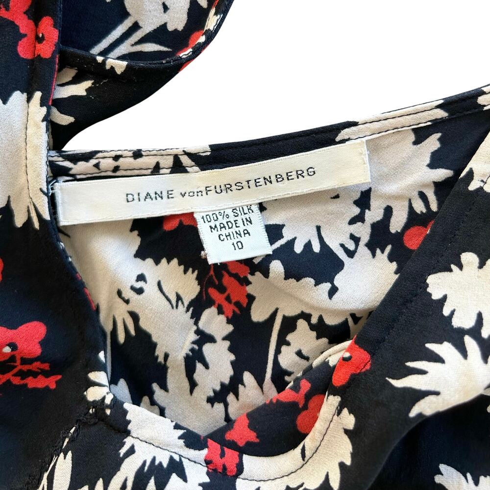 Vintage Diane von Furstenberg Silk Floral Midi Dress Black Red V Neck Size 10 - Picture 4 of 8